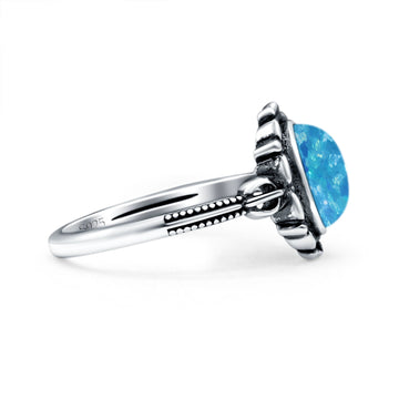 Vintage Style Petite Dainty Lab Created Blue Opal Ring Solid Oval Oxidized 925 Sterling Silver